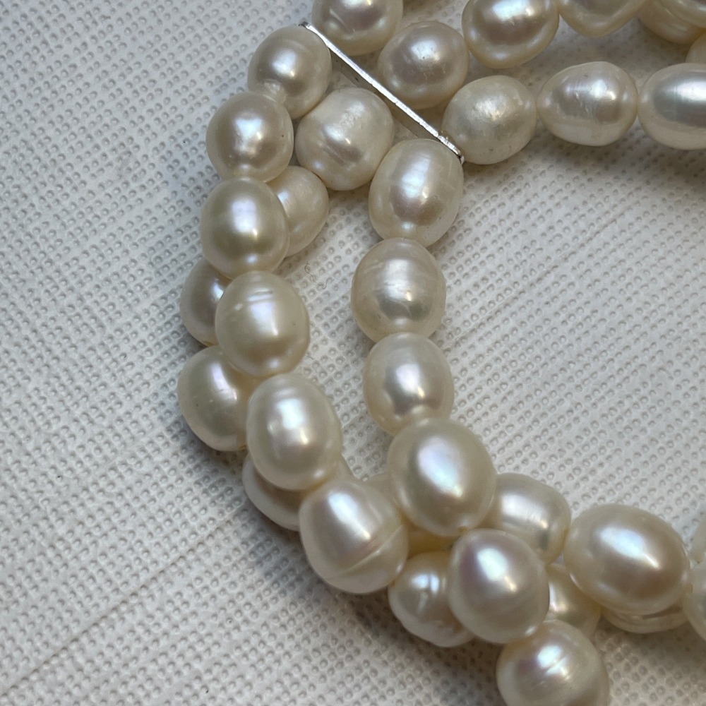 3 Strand Freshwater Cultured Pearl Stretch Bracelet 925 Sterling Silver Spacers - Picture 3 of 6